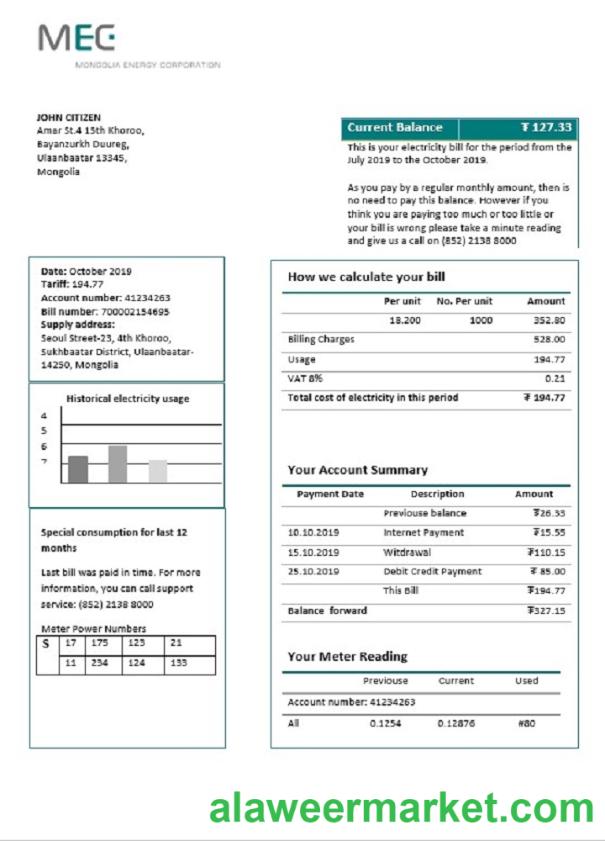 Mongolia Energy Corporation (MEC) electricity utility bill template in Word and PDF format